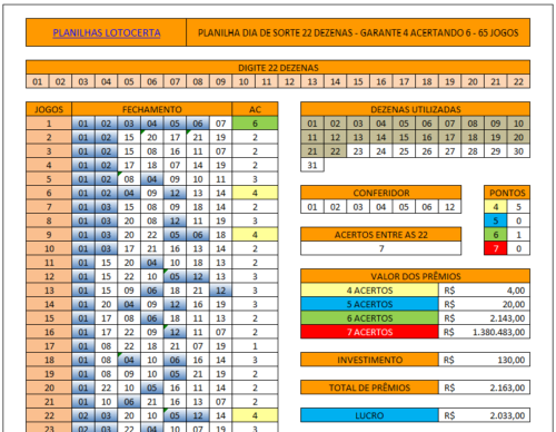 Planilha Dia de Sorte 22 dezenas - Garante 4 acertando 6