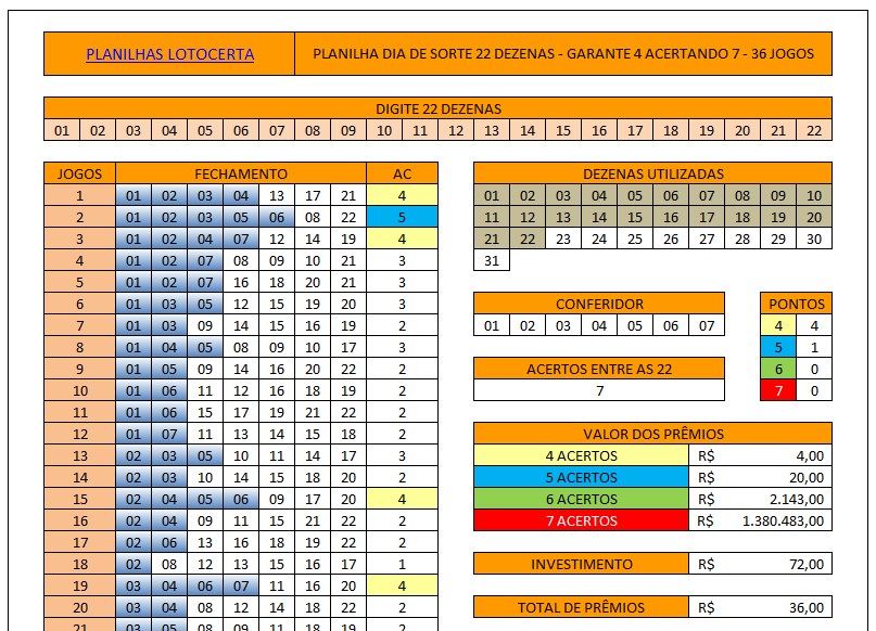 Planilha dia de sorte 22 dezenas