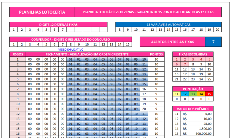 Planilha Lotofácil 25 Dezenas Com 12 Fixas 286 Jogos Lotocerta