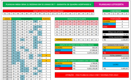 Planilha Mega Sena 20 dezenas em 37 linhas de 7 - Lotocerta
