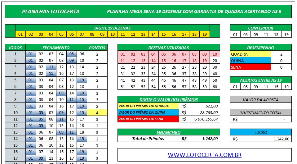 Planilha Mega Sena 19 dezenas 54 Jogos