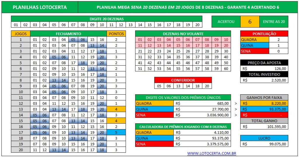 Planilha Mega Sena 20 dezenas em 12 jogos de 9 números - Lotocerta