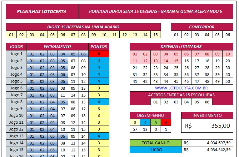 Planilha Dupla Sena 15 Dezenas Garanta Quina Lotocerta 5821