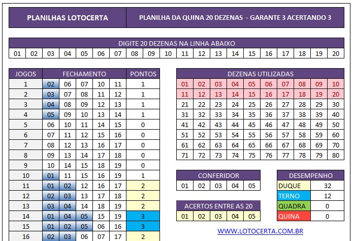 Planilha da Quina 20 dezenas – Garante Terno acertando 3