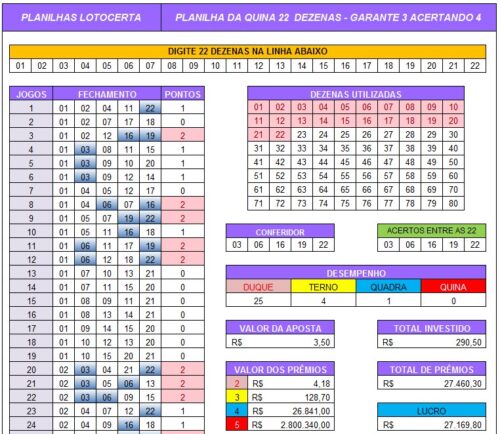 Planilha da Quina 22 dezenas com garantia de terno acertando 4