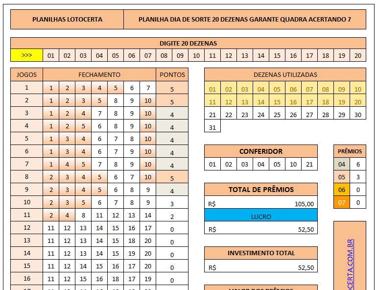 Planilha Dia de Sorte 20 dezenas em 21 jogos