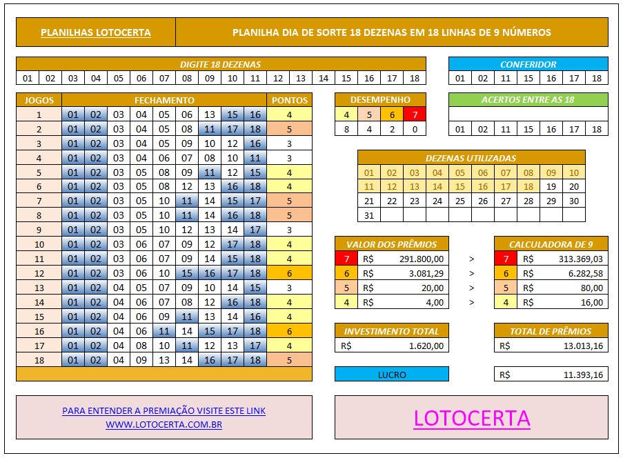 Planilha Dia de Sorte 18 Dezenas em 18 Linhas de 9 Números