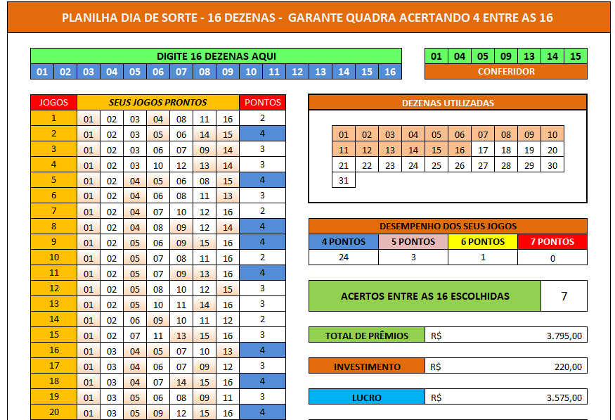 Planilha Dia de Sorte 16 Dezenas em 88 Jogos