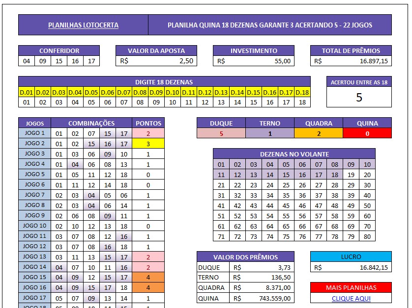 Planilha da Quina 18 Dezenas em 22 Jogos