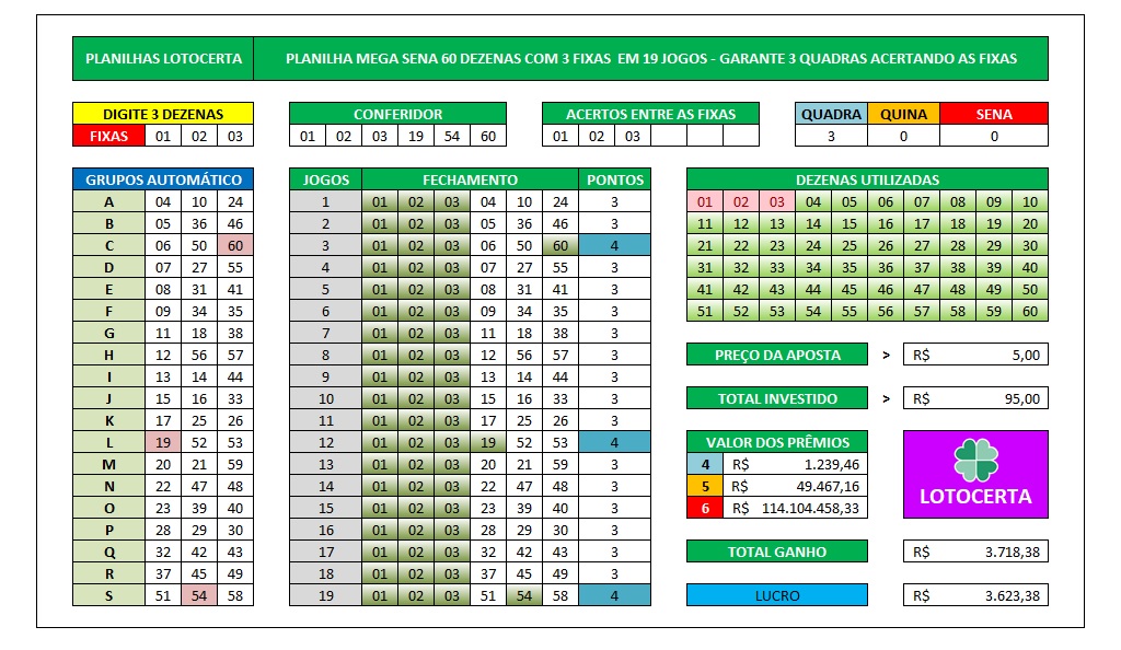 Planilha Mega Sena 60 Dezenas em 19 Jogos