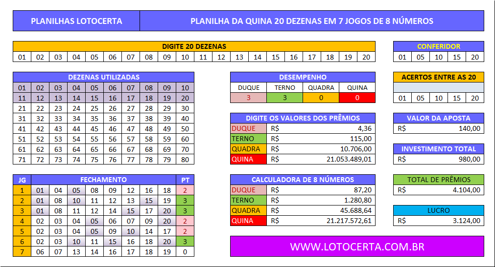 Planilha da Quina 20 dezenas em 7 jogos de 8 números